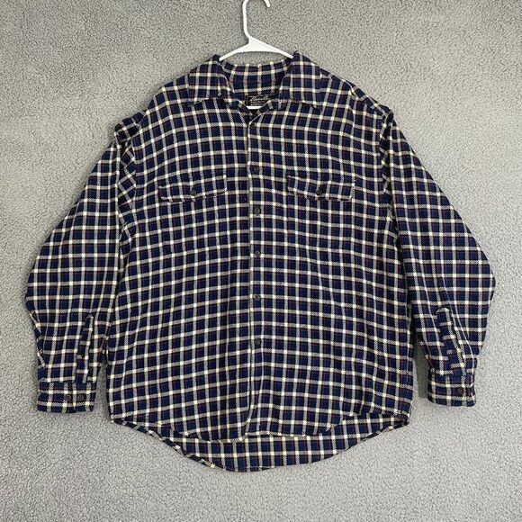 VTG Eddie Bauer shacket Men L Navy Plaid Outdoor Heavy Button Front Flannel - Picture 1 of 9